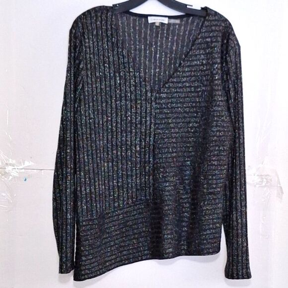 A Calvin Klein Women's Knit Top Sparkly Black Whimsigoth Office Siren Y2K XL - Picture 1 of 10